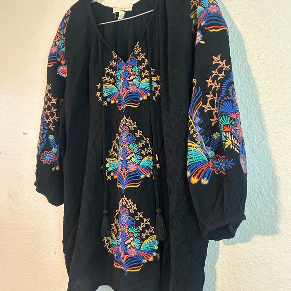 Farmers Market 3x Vibrant Floral Embroidered Black Boho Tunic Festival - Picture 4 of 16